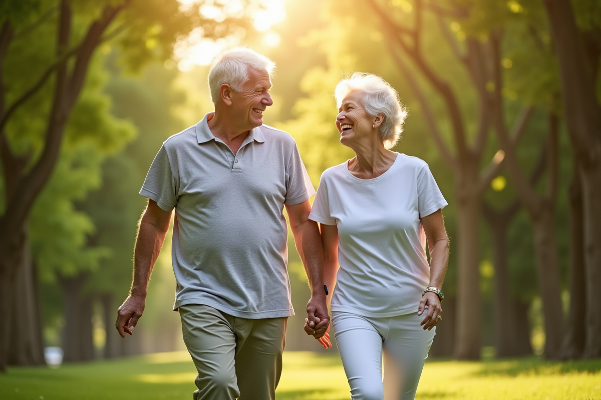 Couple senior marchant dans un parc en pleine nature