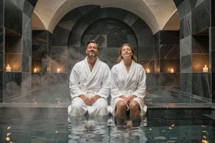 Couple en robes blanches au bord d'une piscine thermale intérieure dans un spa mixte parisien en hiver