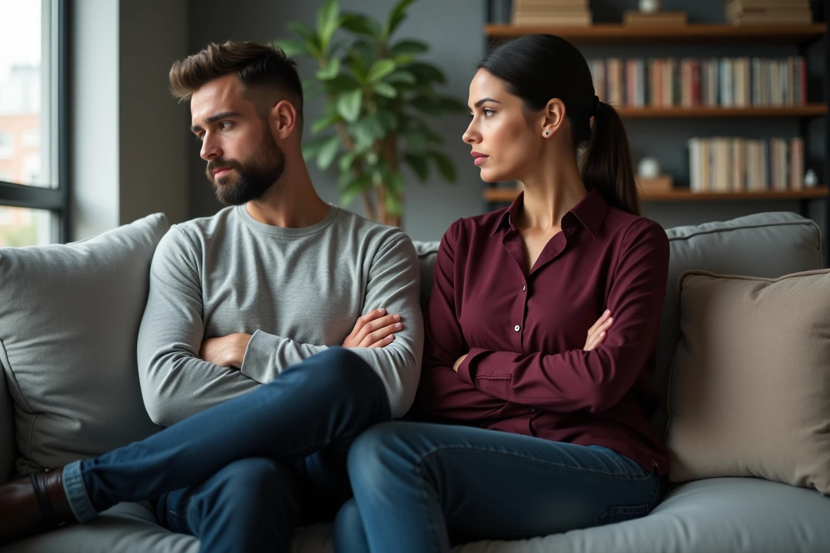 Couple en tension dans un salon moderne, dynamique de communication déséquilibrée évoquant une relation toxique ou une personnalité narcissique