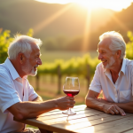 Couple âgé dégustant un vin rouge en extérieur