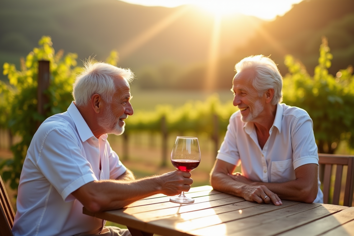 Couple âgé dégustant un vin rouge en extérieur