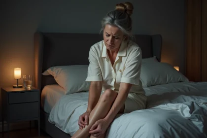 Femme d'âge moyen assise au bord du lit la nuit, tenant son mollet avec les deux mains en raison d'une crampe musculaire