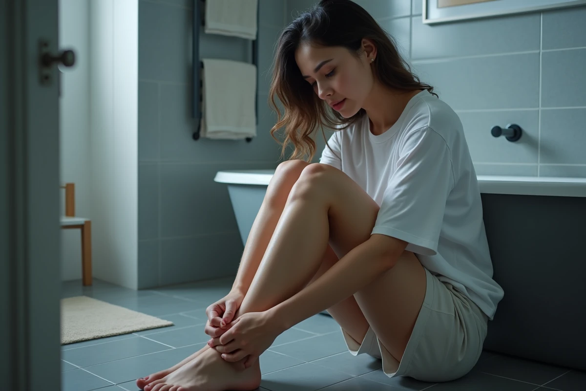 Jeune femme assise sur le sol de la salle de bain la nuit, massant son mollet pour soulager une crampe aux jambes