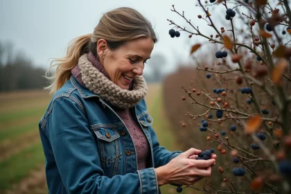 Femme cueillant des mûres sauvages dans une haie automnale