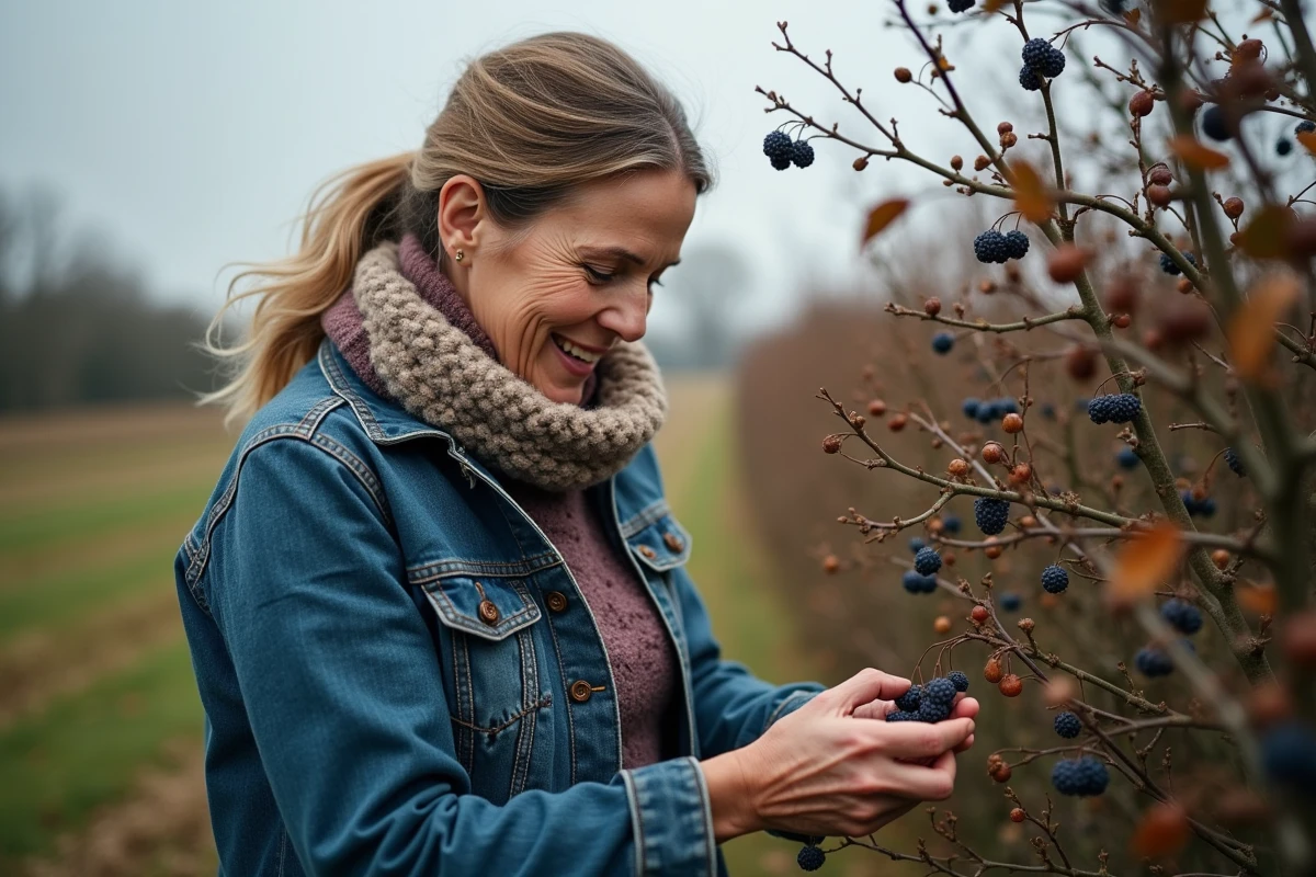 Femme cueillant des mûres sauvages dans une haie automnale