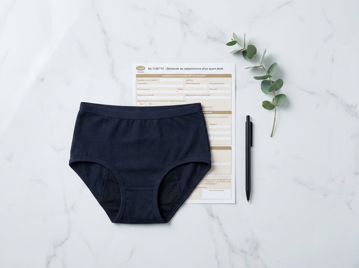 Vue à plat d'une culotte menstruelle, d'un formulaire de remboursement santé et d'un stylo sur marbre blanc
