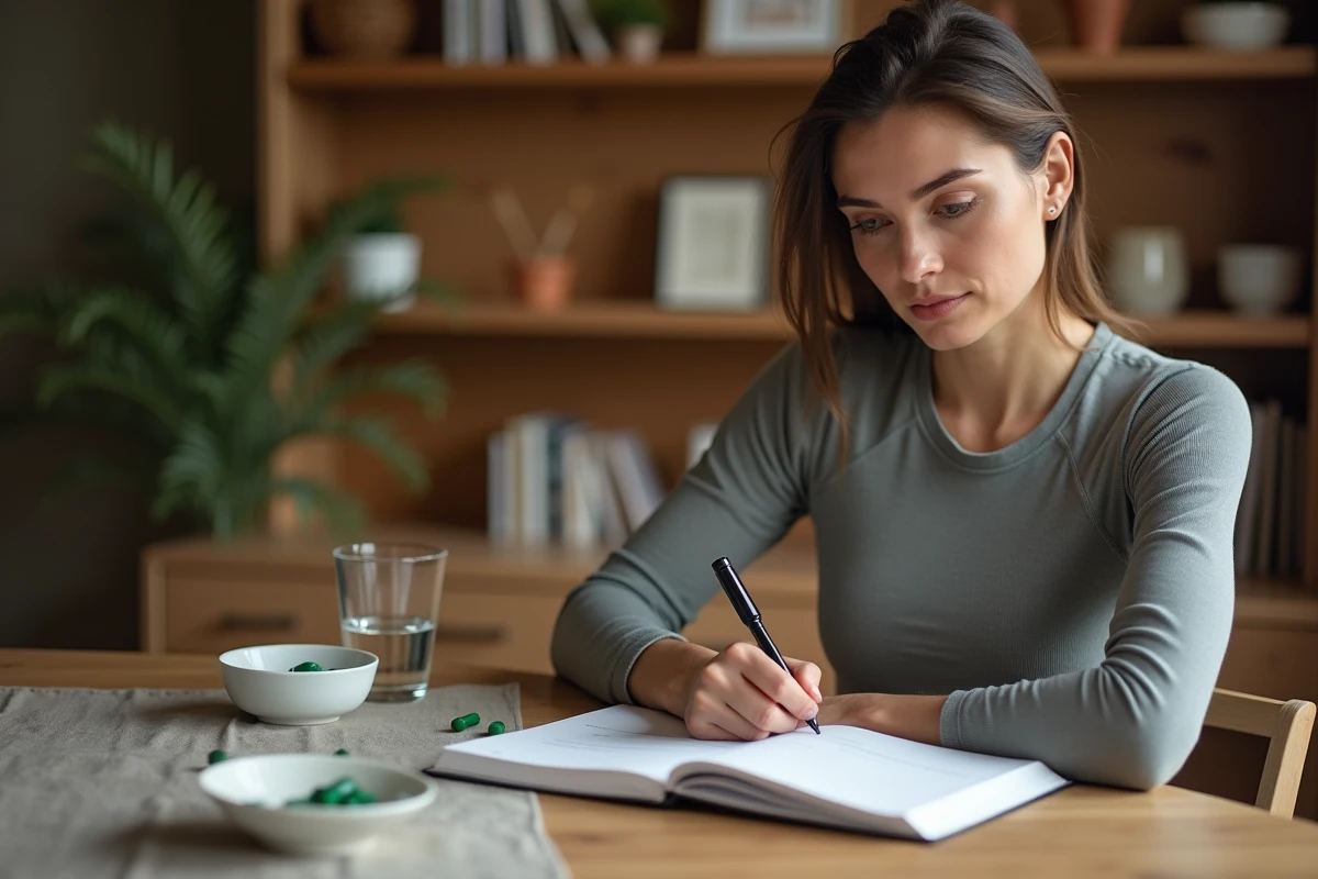 Femme prenant des capsules minceur naturelles avec un journal nutritionnel à la maison