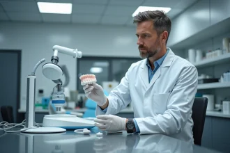 Dentiste en laboratoire dentaire examinant un moulage 3D