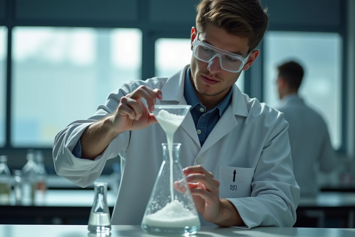 Étudiant en chimie versant une poudre mesurée dans une fiole jaugée pour préparer une solution de concentration précise
