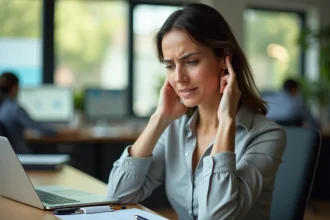 Femme souffrant de dos contracté au bureau, pressant son cou et ses épaules avec une expression de douleur
