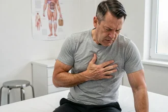 Homme adulte exprimant une douleur intercostale en cabinet médical, la main posée sur les côtes