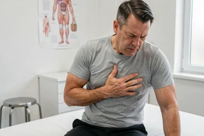 Homme adulte exprimant une douleur intercostale en cabinet médical, la main posée sur les côtes