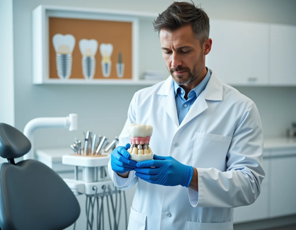 Dr Nicolas Fraysse tenant un modèle d'implant dentaire dans son cabinet de chirurgie et implantologie