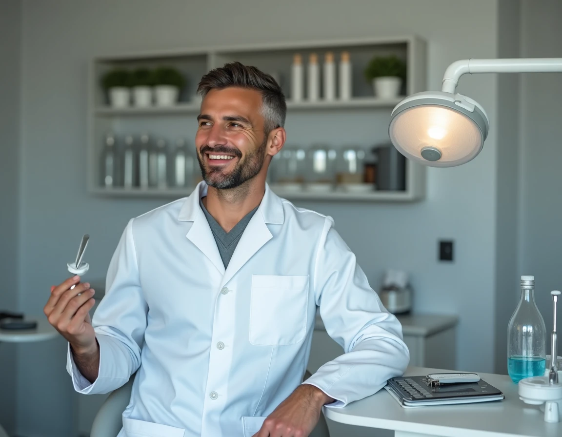 Dr Rimpault, dentiste à Périgueux, posant dans son cabinet avec ses instruments dentaires