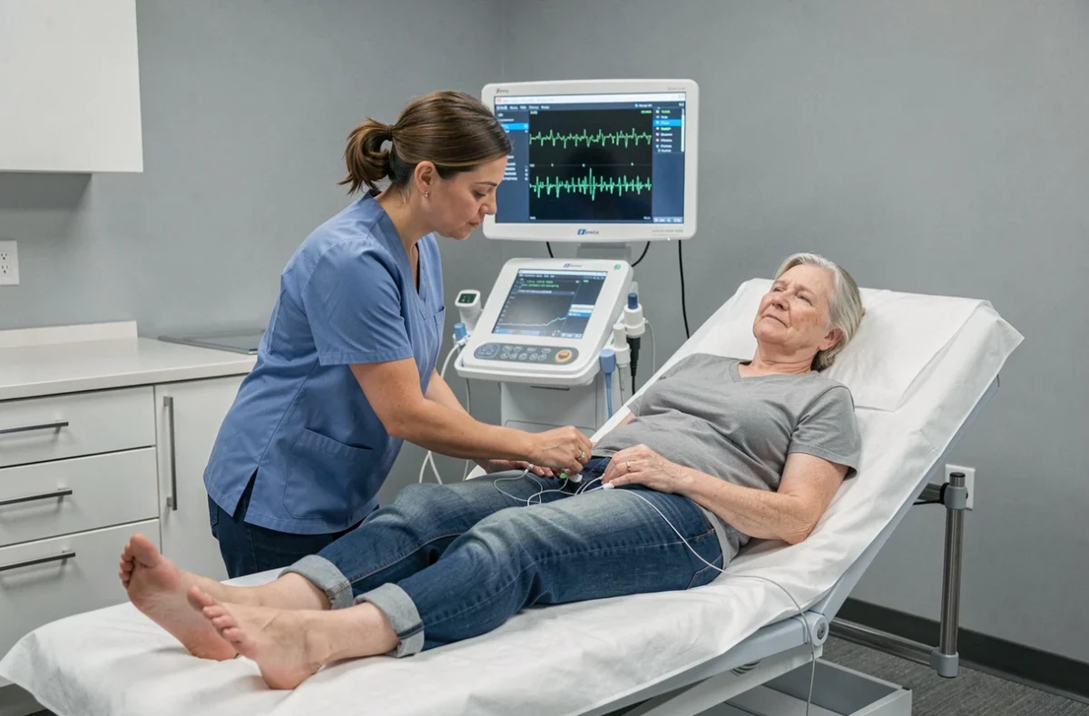 Examen électromyographique d'un muscle qui tressaute sur le mollet d'une patiente