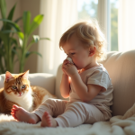 Jeune enfant sur un canapé lumineux avec un chat pelucheux