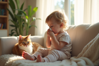 Jeune enfant sur un canapé lumineux avec un chat pelucheux