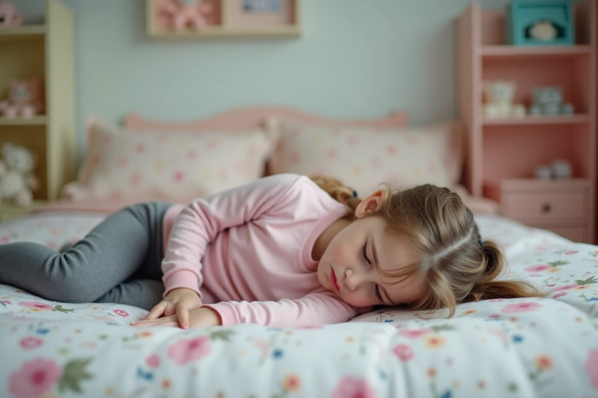 Jeune fille allongée sur son lit tenant ses côtes, souffrant d'une douleur intercostale dans sa chambre