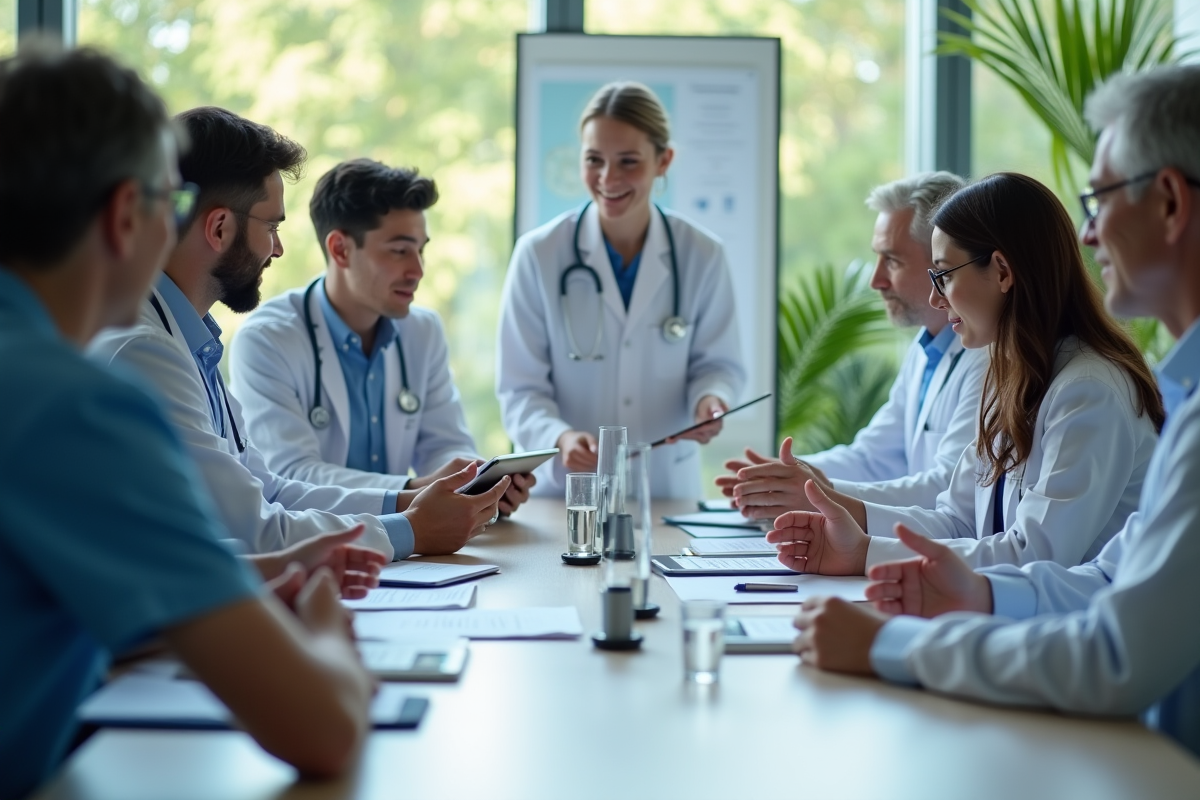 Equipe medicale diverse discute solutions dans salle de reunion