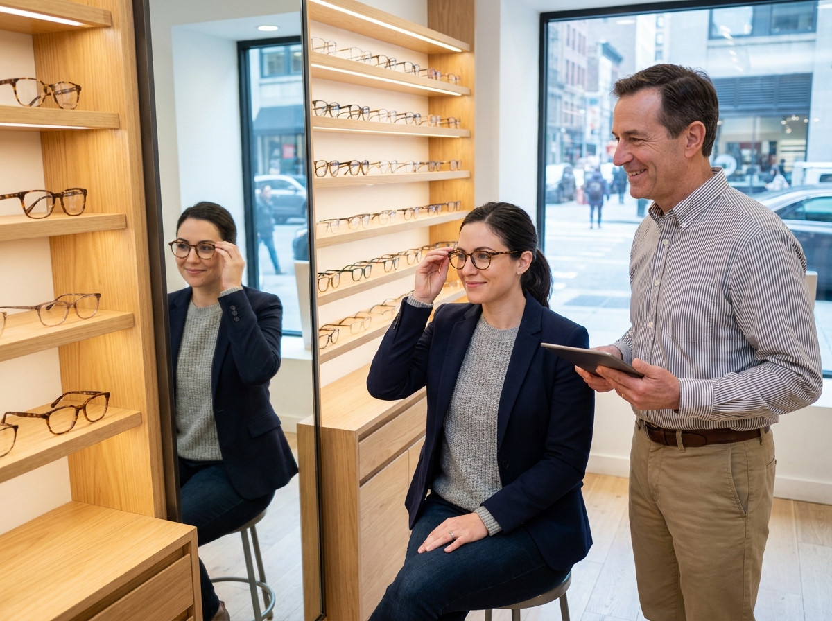 Femme essayant des lunettes en boutique d'optique avec l'aide d'un opticien de proximité