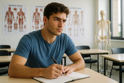 Étudiant concentré prenant des notes en cours de kinésithérapie