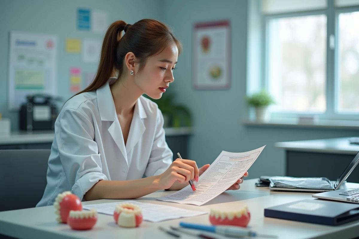Etudiante dentaire examinant une prothese en résine dans la classe