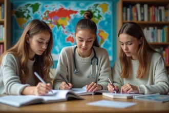 Trois étudiants en médecine autour d'une table en bibliothèque