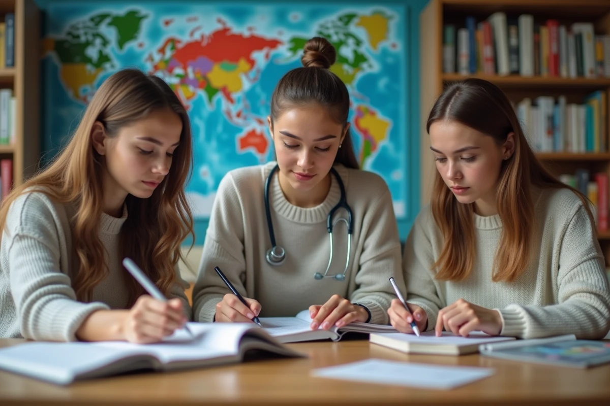 Trois étudiants en médecine autour d'une table en bibliothèque