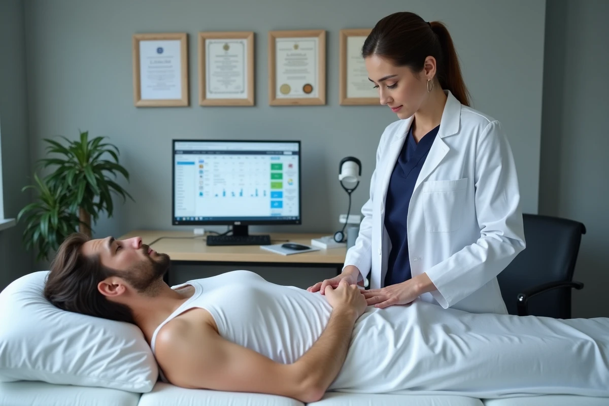 Médecin généraliste examinant la région inguinale d'un patient adulte allongé sur une table d'examen médical