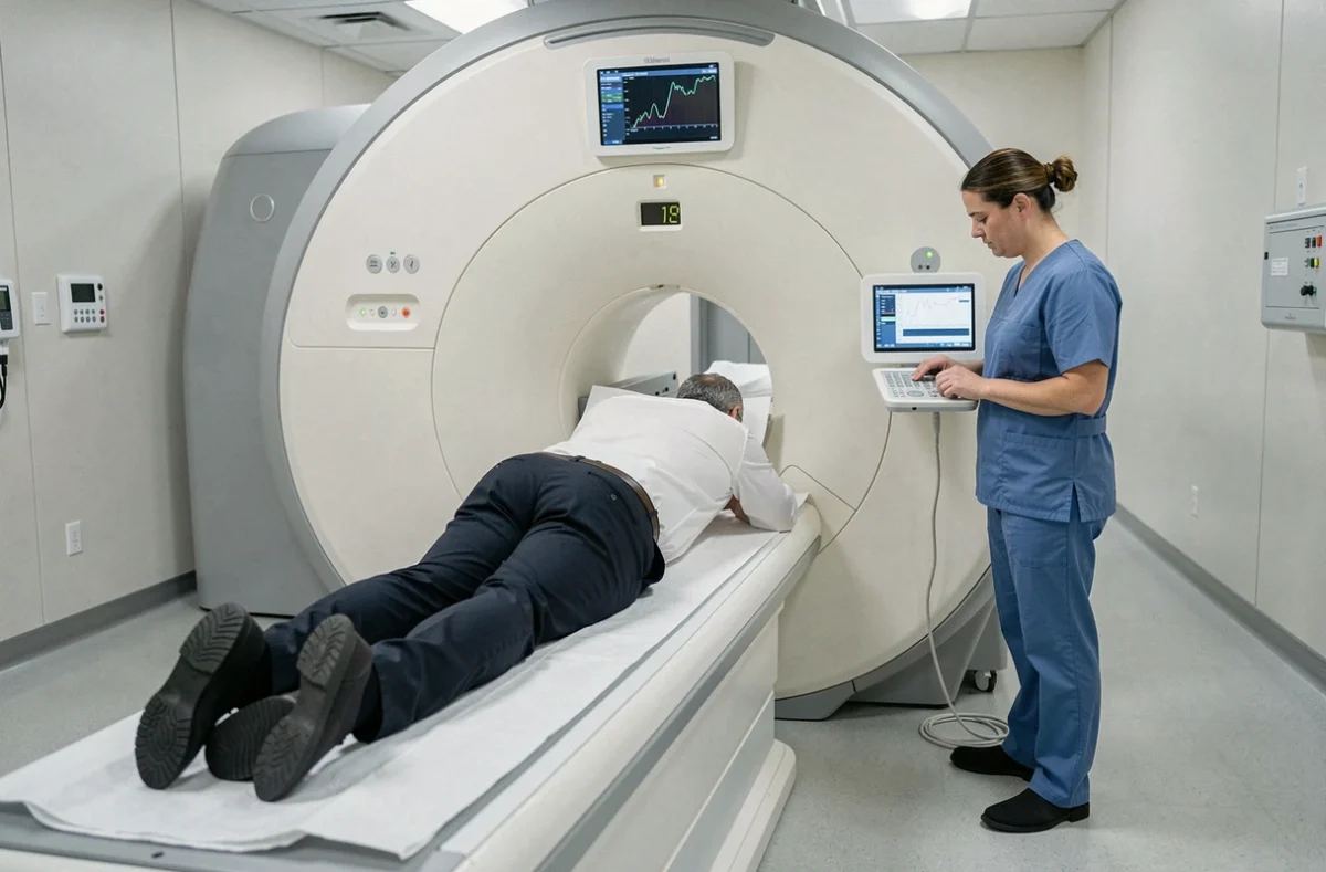 Patient allongé dans un scanner IRM pour examiner une douleur au bas du dos côté gauche