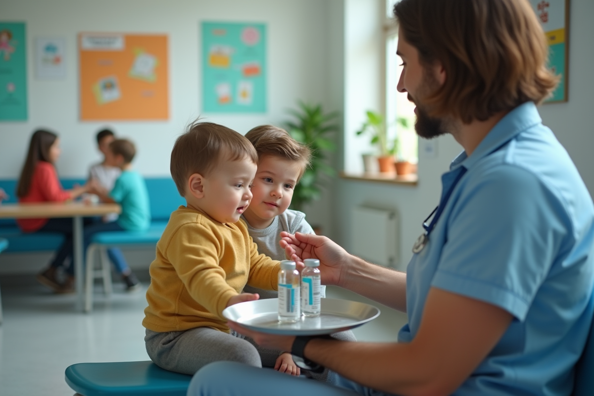 Famille en attente recevant des informations sur la vaccination