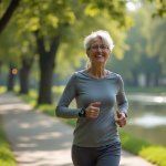 Femme active de 60 ans marchant dans un parc urbain