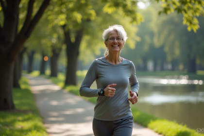Femme active de 60 ans marchant dans un parc urbain