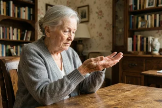 Femme âgée contemplant les lignes de sa main dans un salon chaleureux, réflexion sur le temps et la destinée