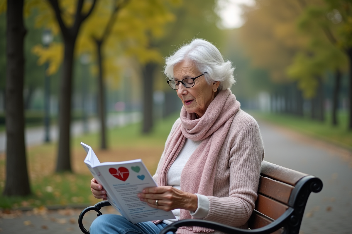 Femme âgée lisant une brochure santé cœur en plein air