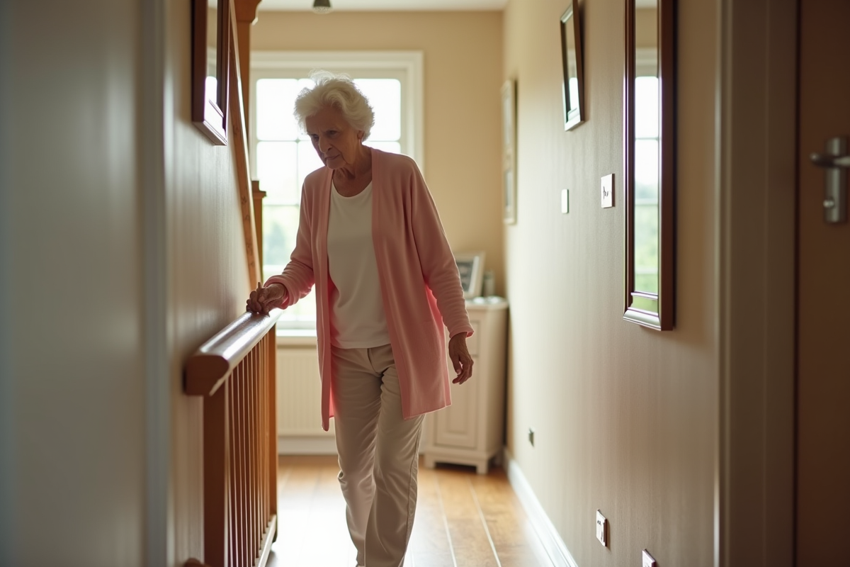 Femme agee se tenant au main courante dans un couloir lumineux