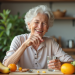 Femme agee souriante prenant vitamine B12 à la maison