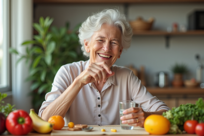Femme agee souriante prenant vitamine B12 à la maison