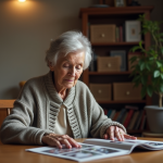 Femme âgée triant des photos de famille dans un salon chaleureux