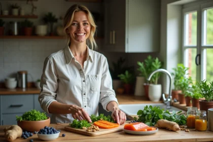 Femme souriante arrangeant des aliments antiinflammatoires dans la cuisine