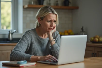 Femme consultant des avis clients en ligne sur un ordinateur portable avant de passer une commande sur internet