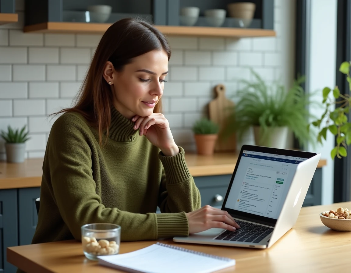 Femme lisant des avis en ligne sur un programme nutritionnel à la cuisine avec des aliments sains et un ordinateur portable