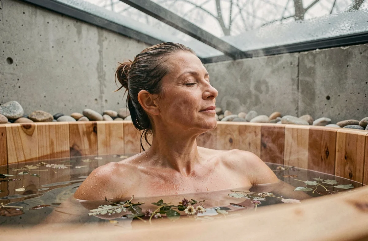 Femme se relaxant dans un bain de cèdre aux herbes dans un spa parisien en hiver