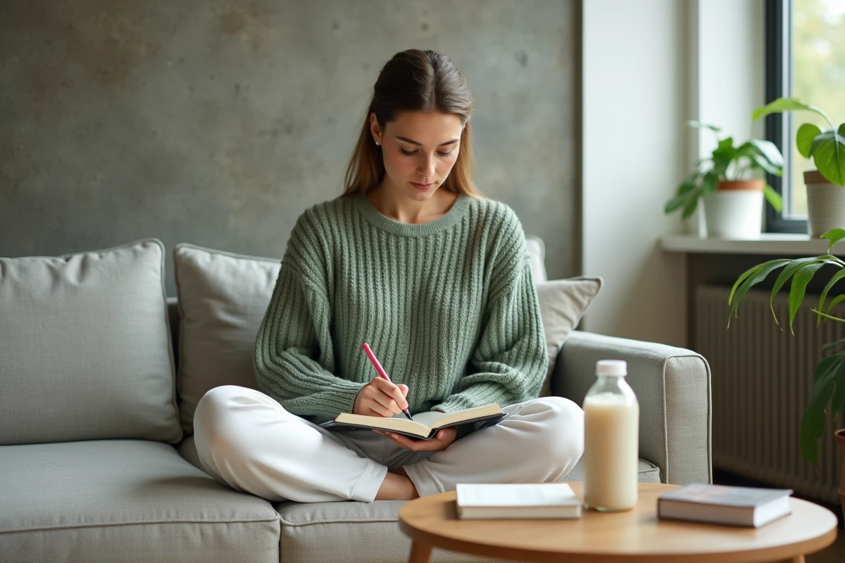 Femme faisant son bilan bien-être dans un carnet à côté d'une bouteille de boisson Bonjour, résumant un mois d'effets sur l'humeur et l'énergie