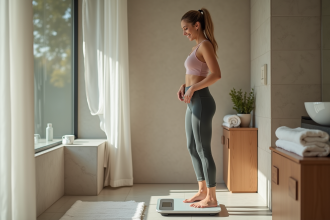 Femme souriante sur la balance dans une salle de bain moderne