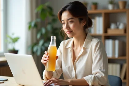 Femme concentrée au bureau tenant une bouteille de boisson Bonjour, illustrant l'impact sur l'énergie et la concentration après un mois d'utilisation