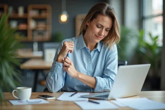 Femme au bureau qui masse son avant-bras pour soulager des fourmillements dans les bras