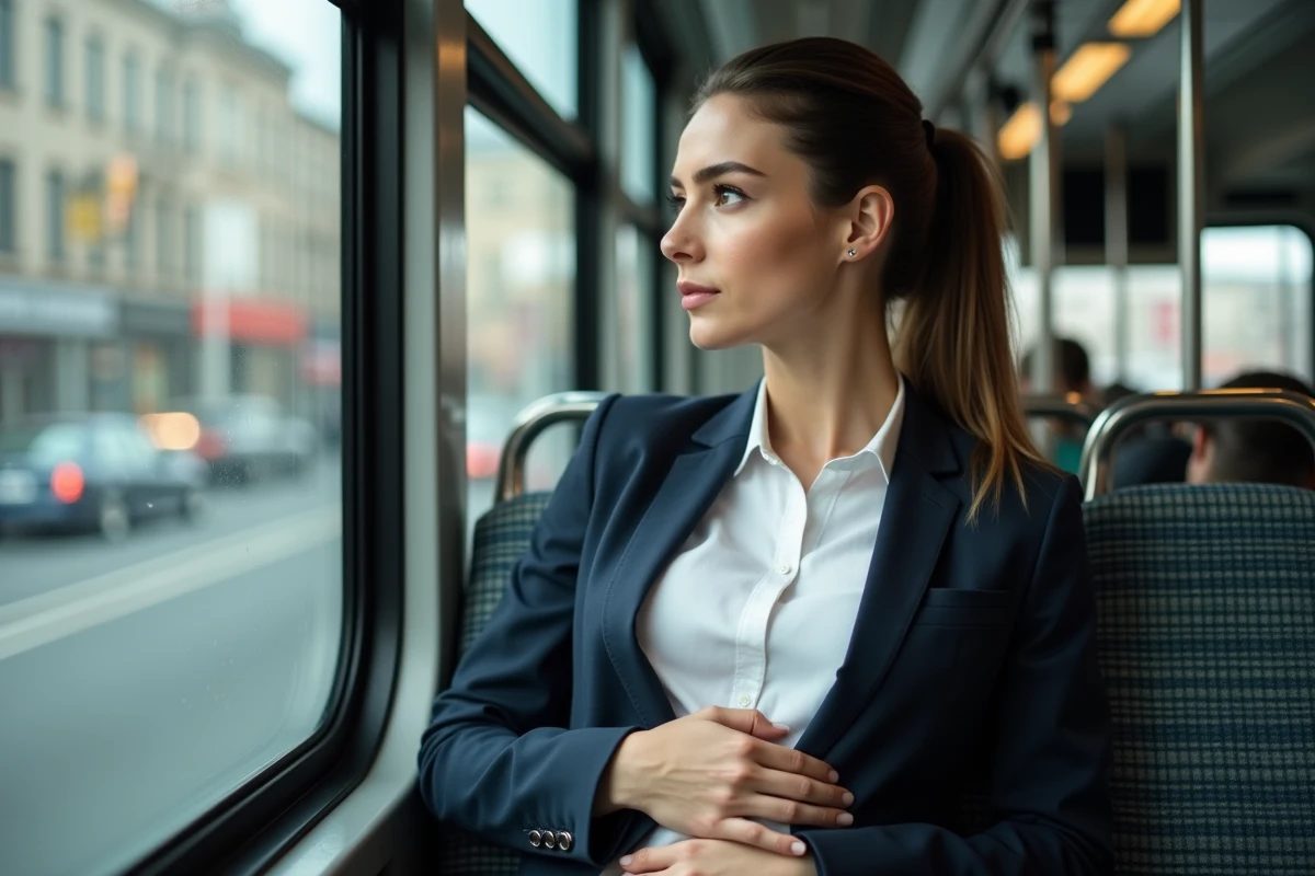 Jeune femme dans un bus regardant par la fenetre