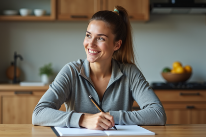 Femme en tenue casual note son progrès keto dans la cuisine