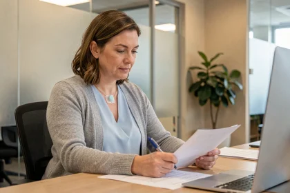 Femme sous chimiothérapie continuant à travailler dans un bureau moderne, illustrant le maintien de l'activité professionnelle pendant un traitement contre le cancer